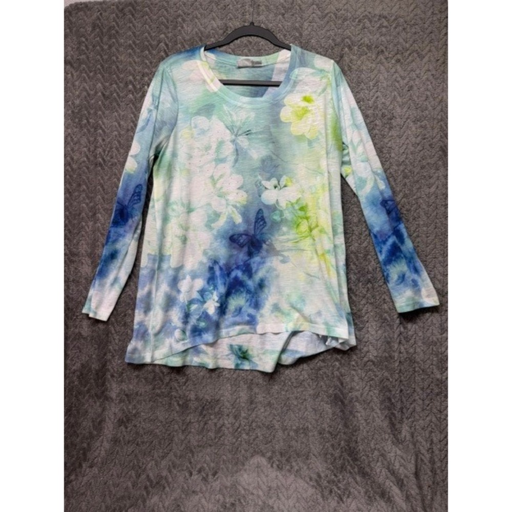 Time and Tru Womens Floral Butterfly Long Sleeve Top Blue Green Large 12-14 0715